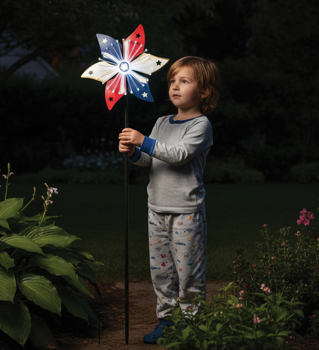 Patriotic Flower Spinner Solar Stake for Outdoor Garden