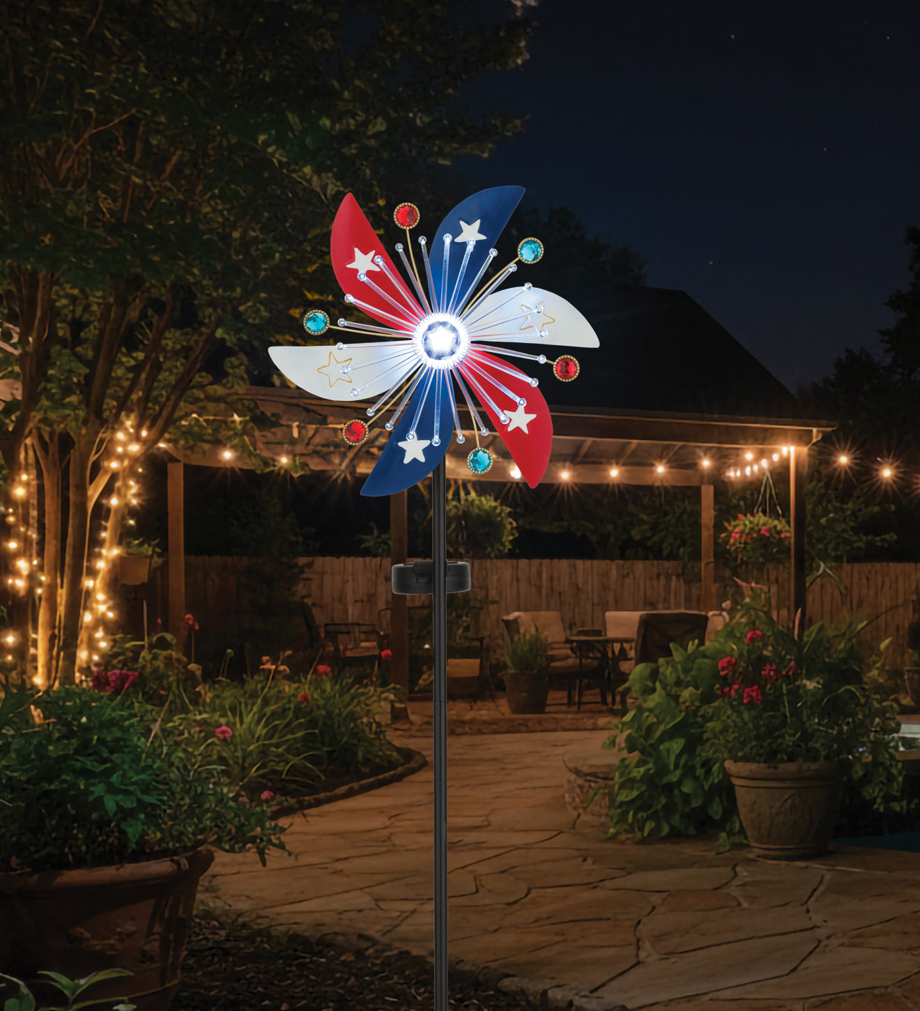Patriotic Pinwheel Spinner Solar Stake for Outdoor Garden