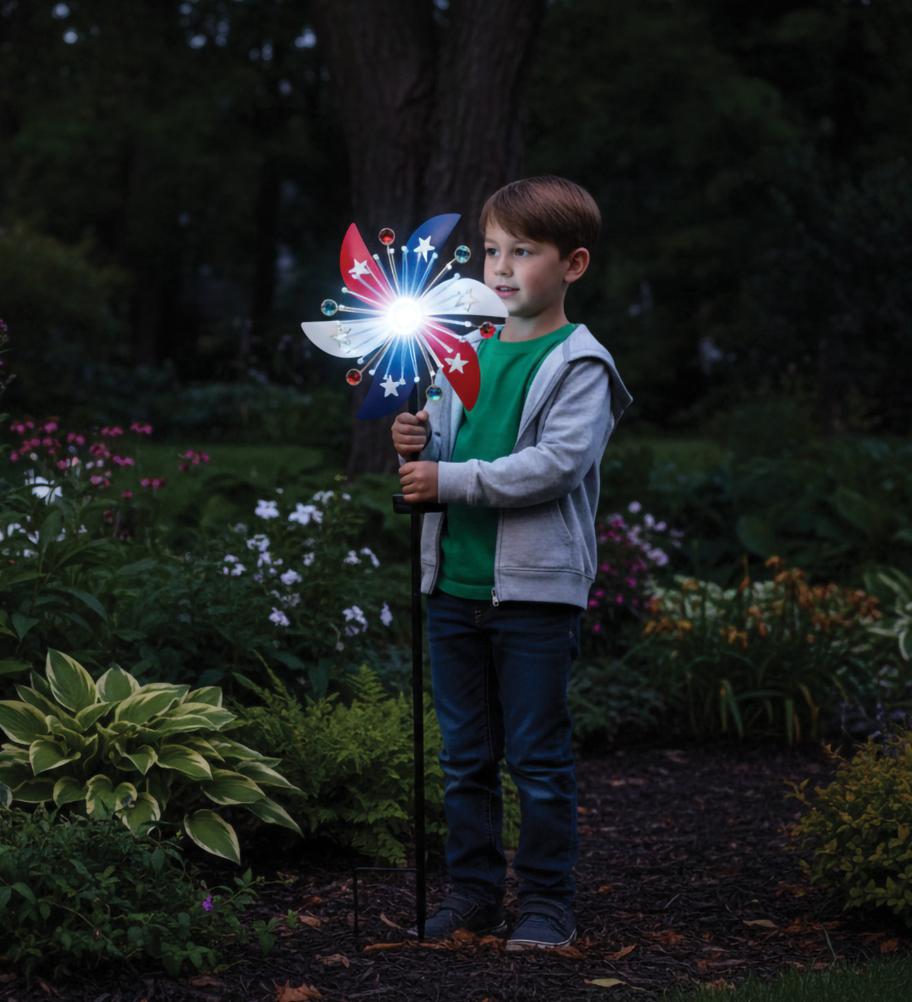 Patriotic Pinwheel Spinner Solar Stake for Outdoor Garden