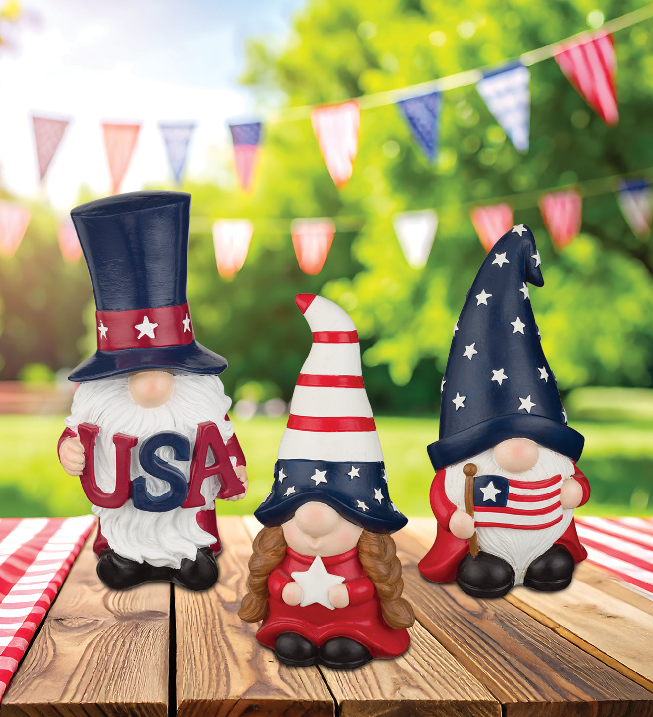 Patriotic Gnomes Solar Stakes, Set of 3 - Outdoor Garden