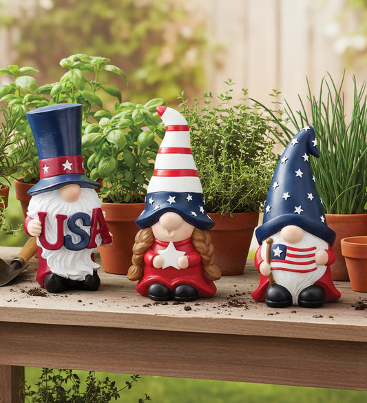 Patriotic Gnomes Solar Stakes, Set of 3 - Outdoor Garden