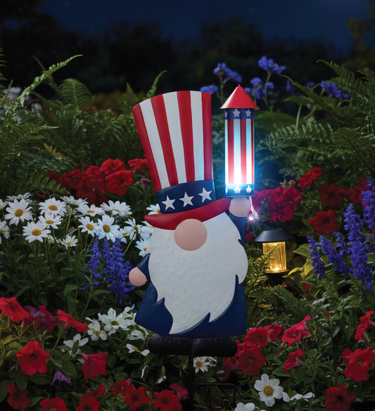Patriotic Uncle Same Gnome Solar Stake for Outdoor Garden
