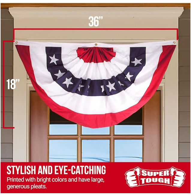 American flag bunting hanging above a window with dimensions displayed, featuring the Super Tough brand.