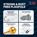 Flagpole hardware details: halyard rope and cleat, cast aluminum truck with pulley, 3-inch gold ball topper, and assembly kit.