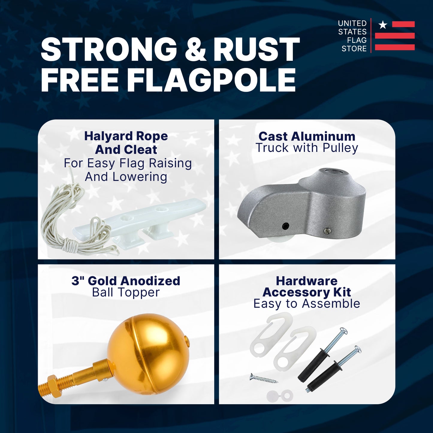 Flagpole hardware details: halyard rope and cleat, cast aluminum truck with pulley, 3-inch gold ball topper, and assembly kit.