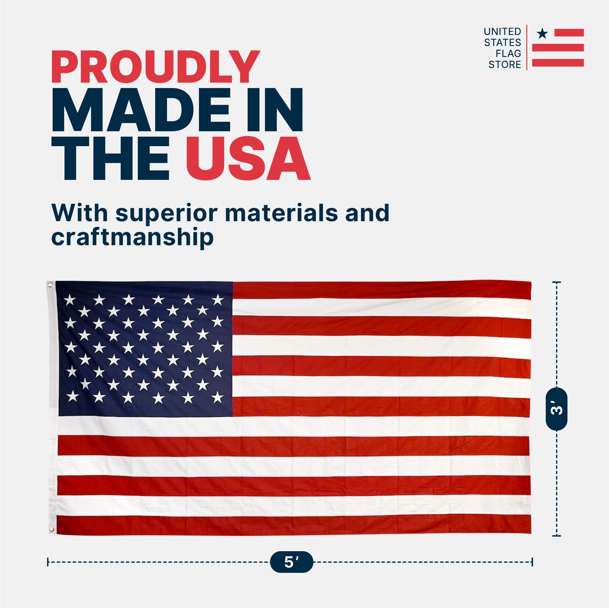 Full view of 3ft x 5ft American flag with dimensions and "Proudly Made in the USA" branding overlay.