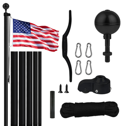 Flagpole assembly kit with American flag, hardware, and rope on a white background