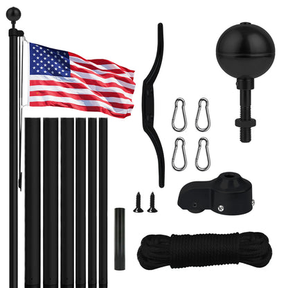 Flagpole assembly kit with American flag, hardware, and rope on a white background