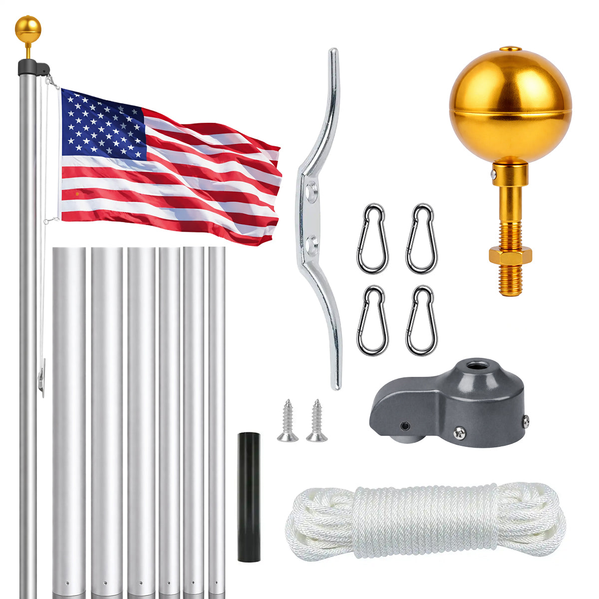 Flagpole kit with American flag, gold ball, and various components on a white background