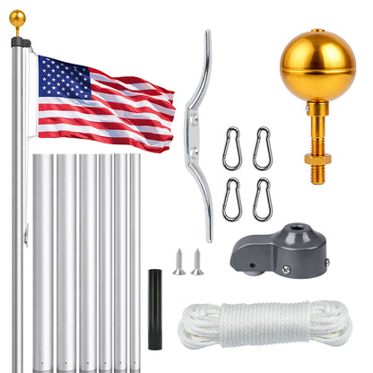 Flagpole kit with American flag, gold ball, and various components on a white background
