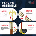 4-step assembly guide for the indoor flagpole: attach eagle topper, screw pole sections, add tassels, and fill the weighted gold base.