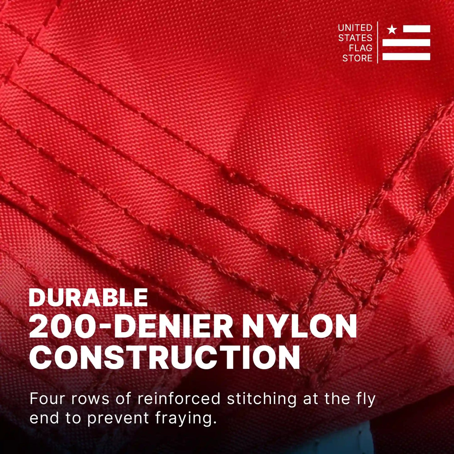 Close-up of durable 200-denier nylon with four rows of reinforced stitching at the fly end.