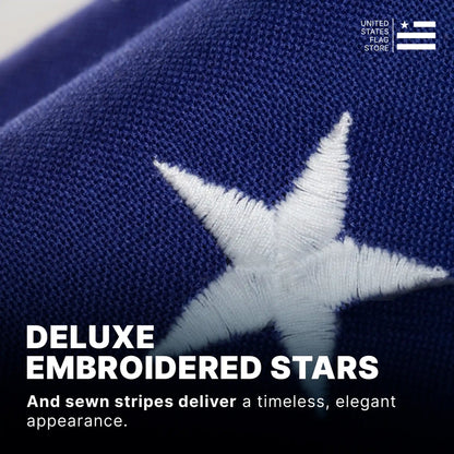 Close-up of deluxe embroidered white stars on blue spun polyester, highlighting elegant and timeless craftsmanship.