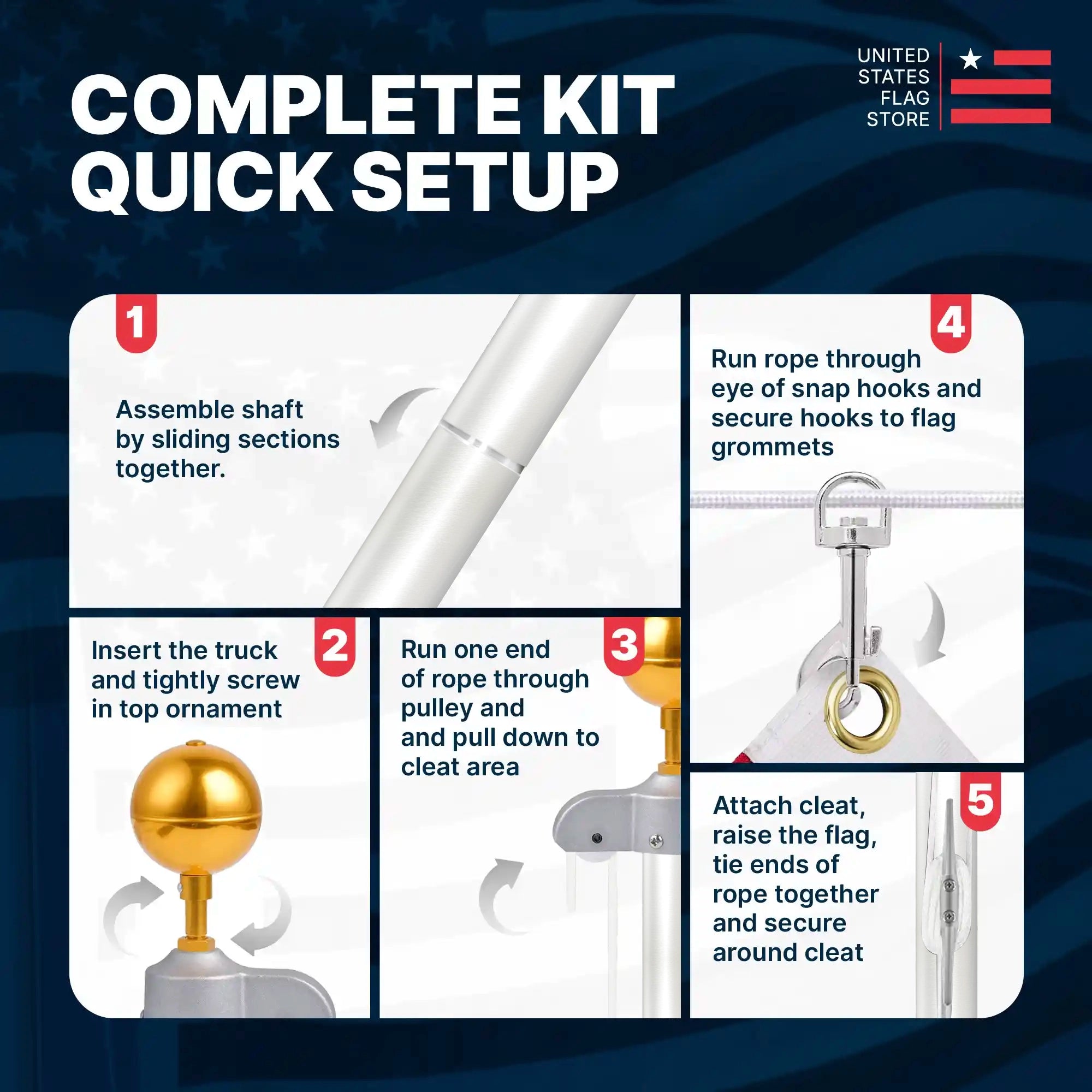 5-step quick setup guide: assemble shaft, insert truck and topper, thread halyard rope, secure flag with snap hooks, and attach cleat.