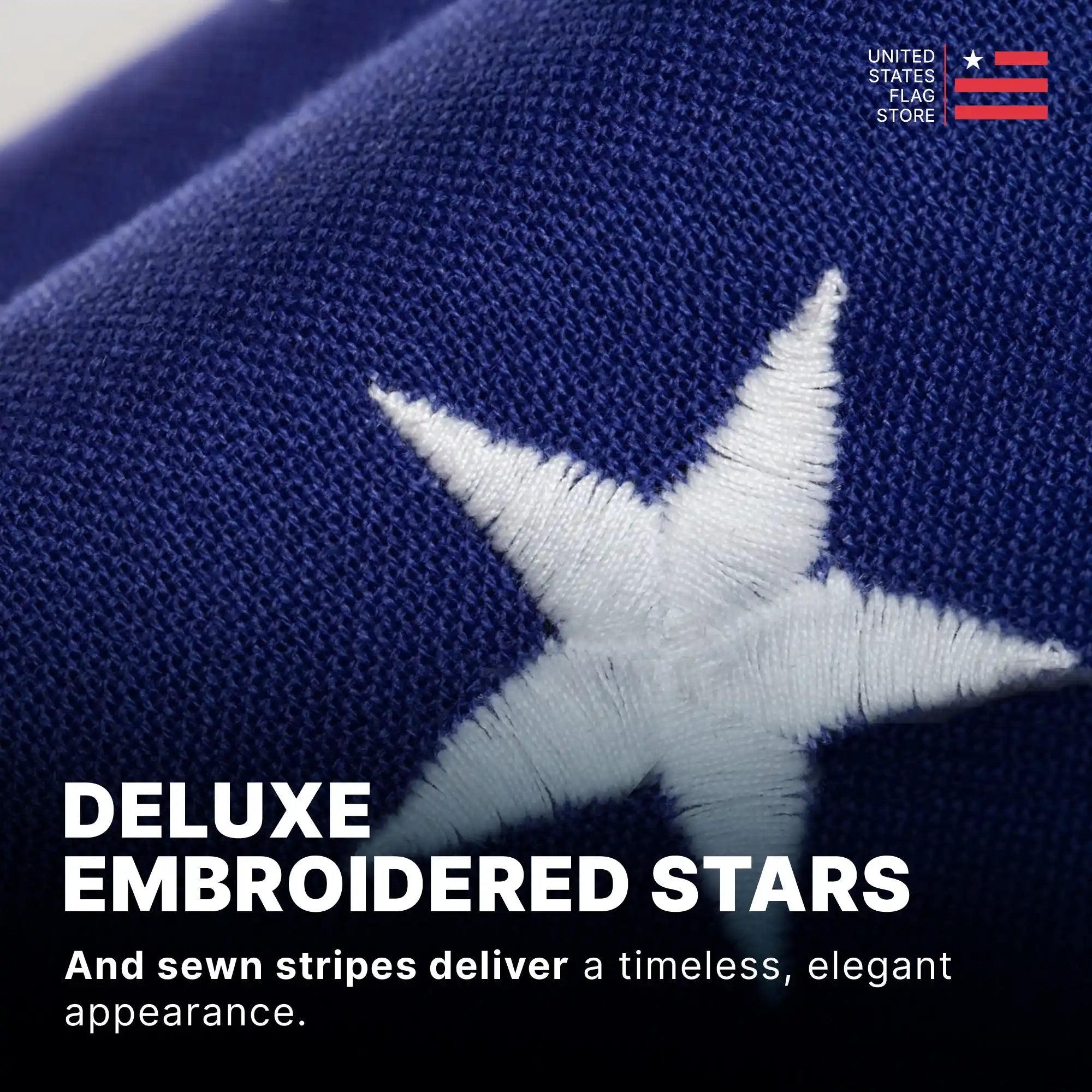 Macro view of deluxe embroidered white stars on blue fabric, showcasing timeless and elegant craftsmanship.