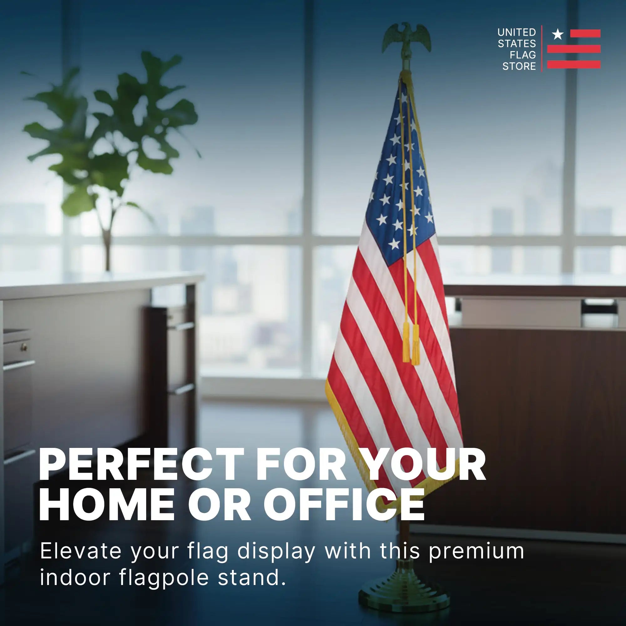 Premium indoor US flag with gold fringe and eagle topper displayed in a modern, sunlit office setting with a city skyline view.