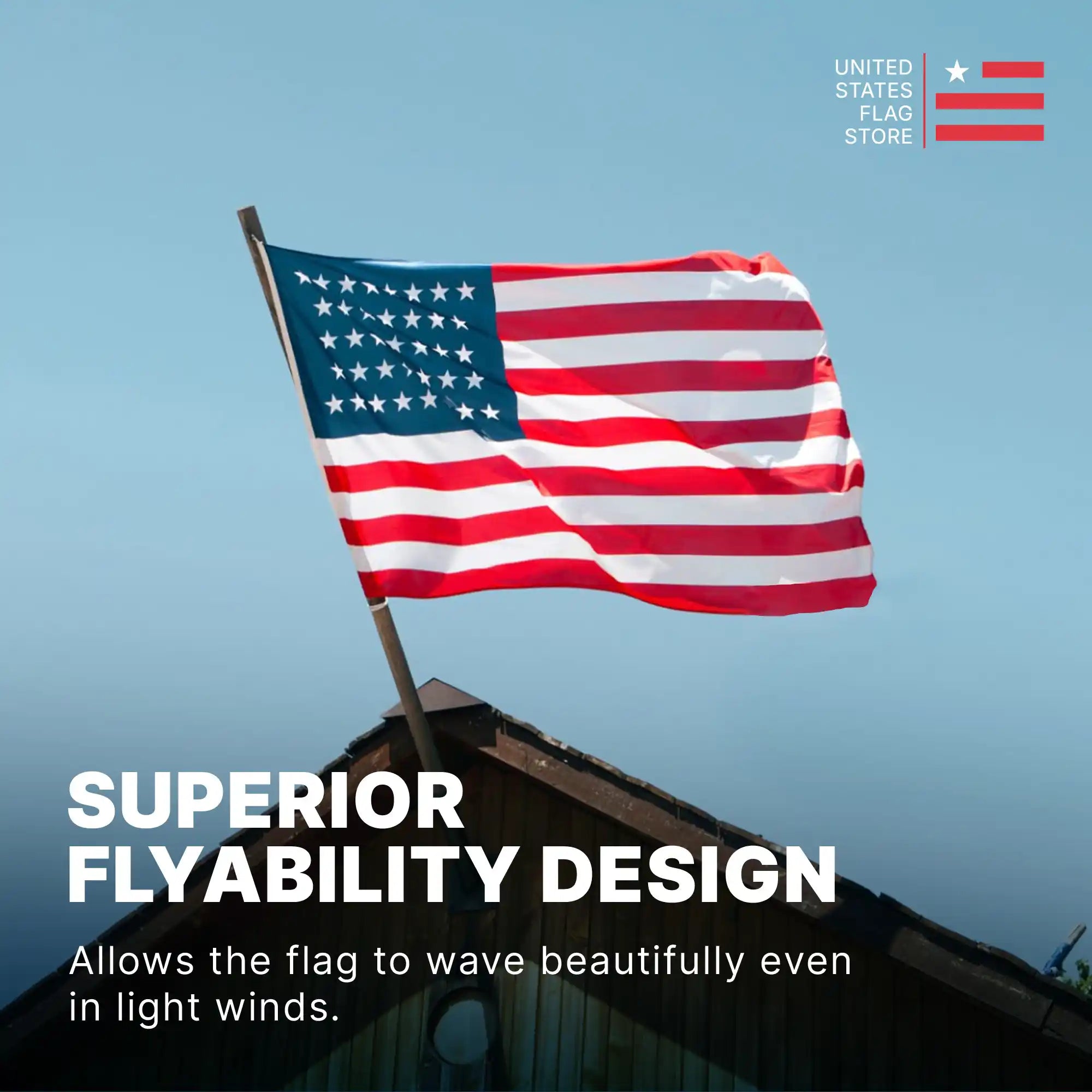 American flag waving against a blue sky, featuring a superior flyability design that catches even light winds.