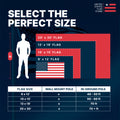 Flag size chart comparing 8'x12' to 20'x30' flags against a 6' person with pole height recommendations.