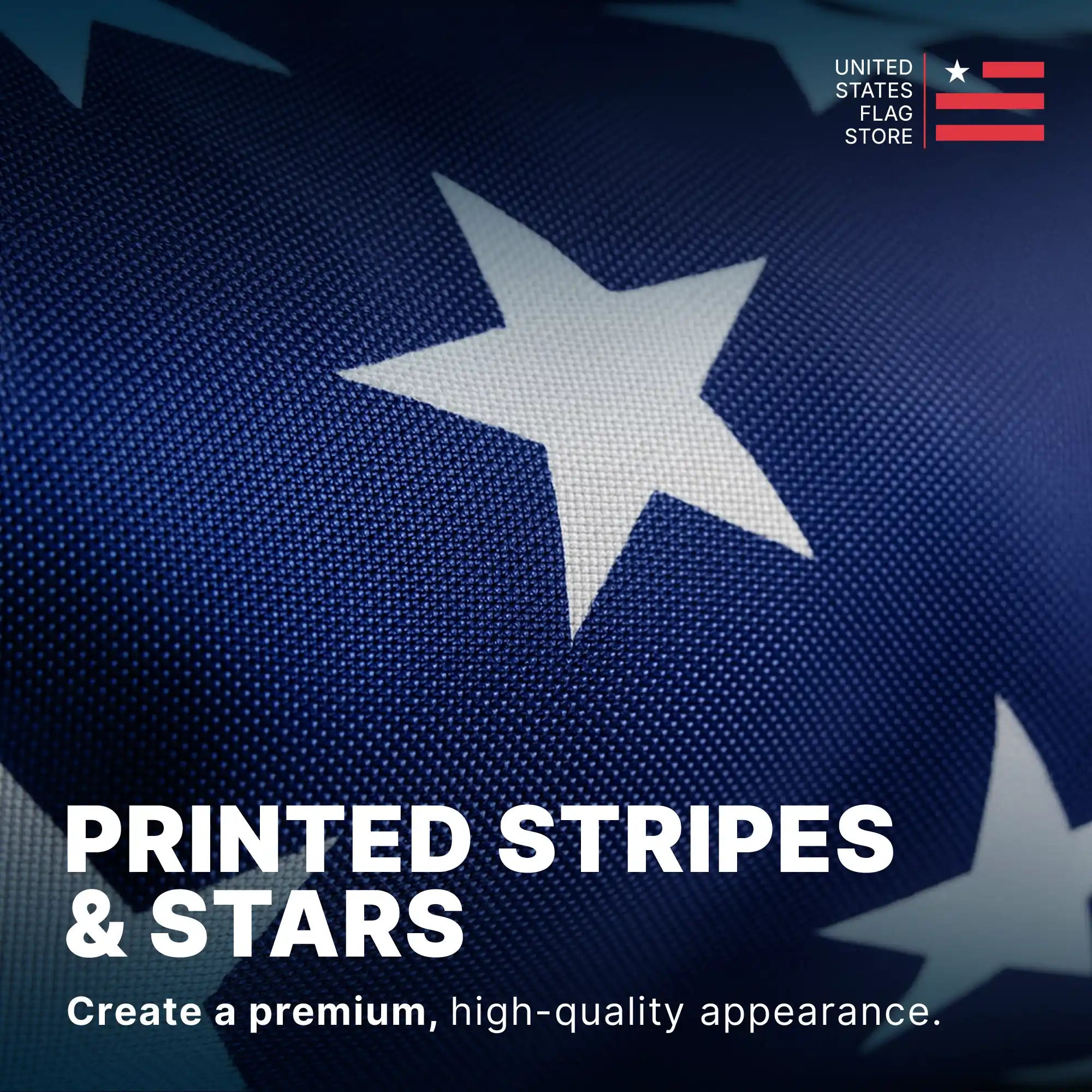 Detail shot of high-quality printed white stars on a blue polyester field with premium fabric texture.