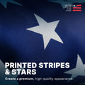 Detail shot of high-quality printed white stars on a blue polyester field with premium fabric texture.