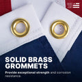 Detailed view of two solid reinforced brass grommets on a white flag header for corrosion resistance and strength.