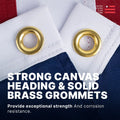 Strong white canvas heading featuring two solid corrosion-resistant brass grommets for secure flag mounting.