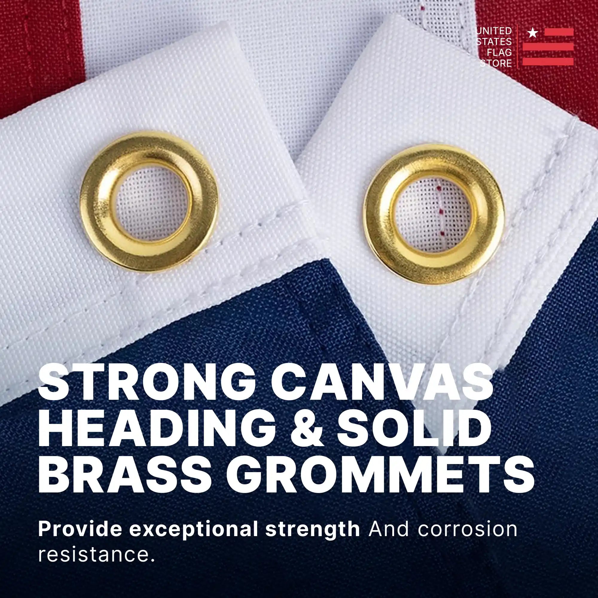Strong white canvas heading featuring two solid corrosion-resistant brass grommets for secure flag mounting.