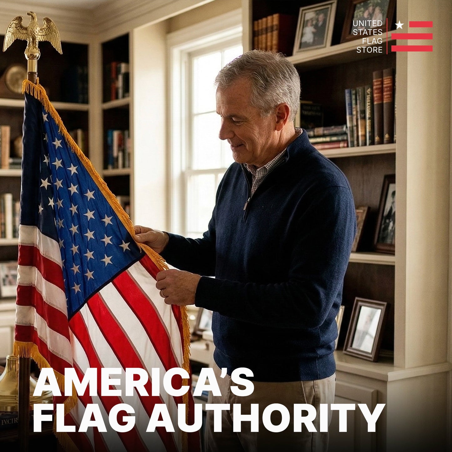 A man adjusting a high-quality indoor American flag with gold fringe in a classic home library; captioned "America's Flag Authority.