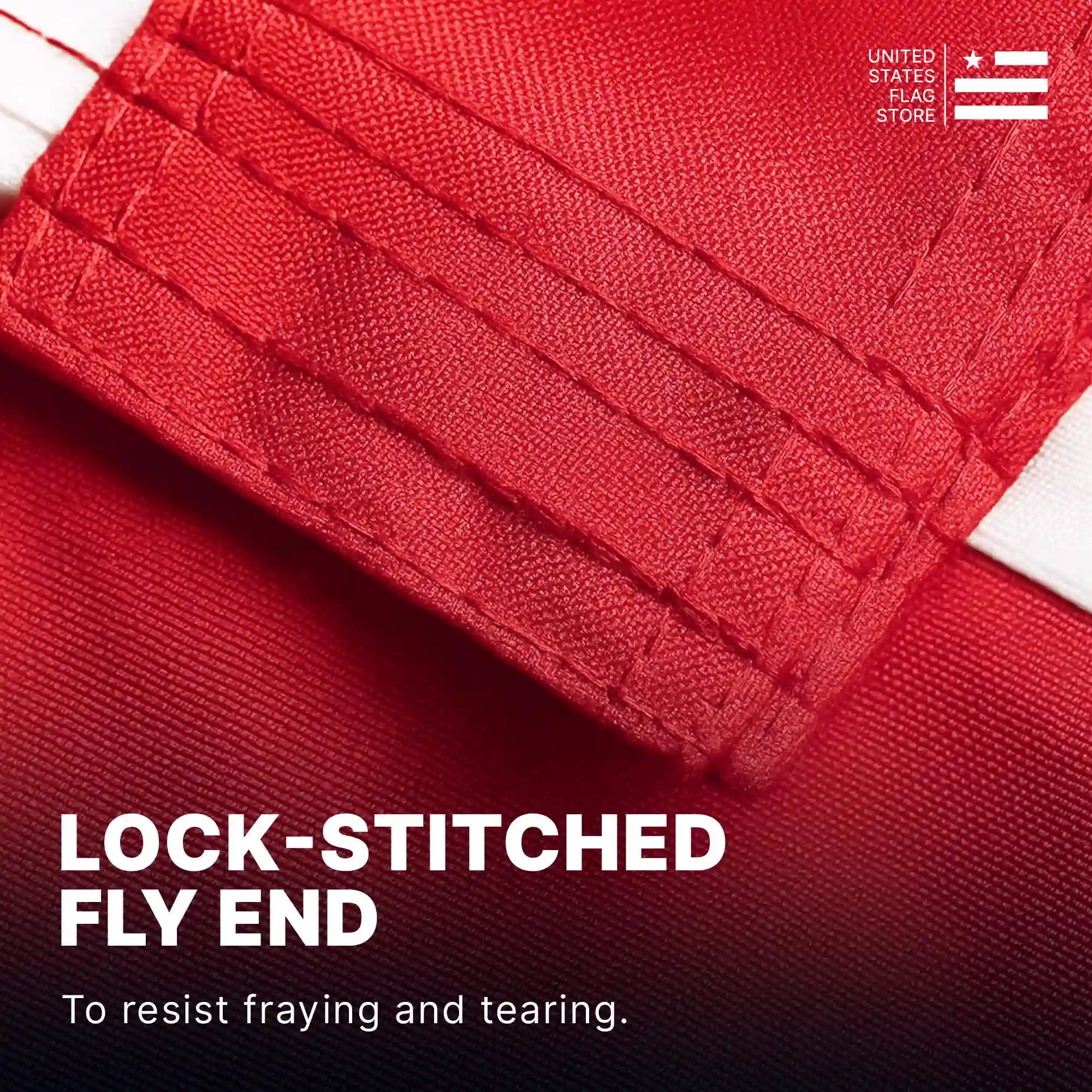 Close-up of a lock-stitched fly end on red flag fabric, designed to resist fraying and tearing in high winds.