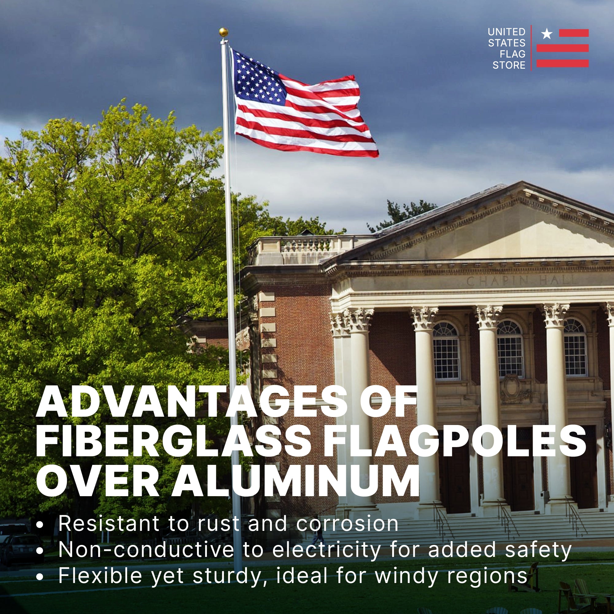 White fiberglass flagpole with American flag in front of a brick building. Text lists rust resistance and non-conductive safety benefits.
