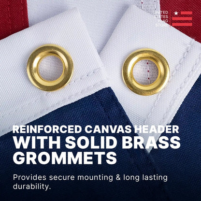 Close-up of a reinforced white canvas header with two solid brass grommets for secure mounting and durability.