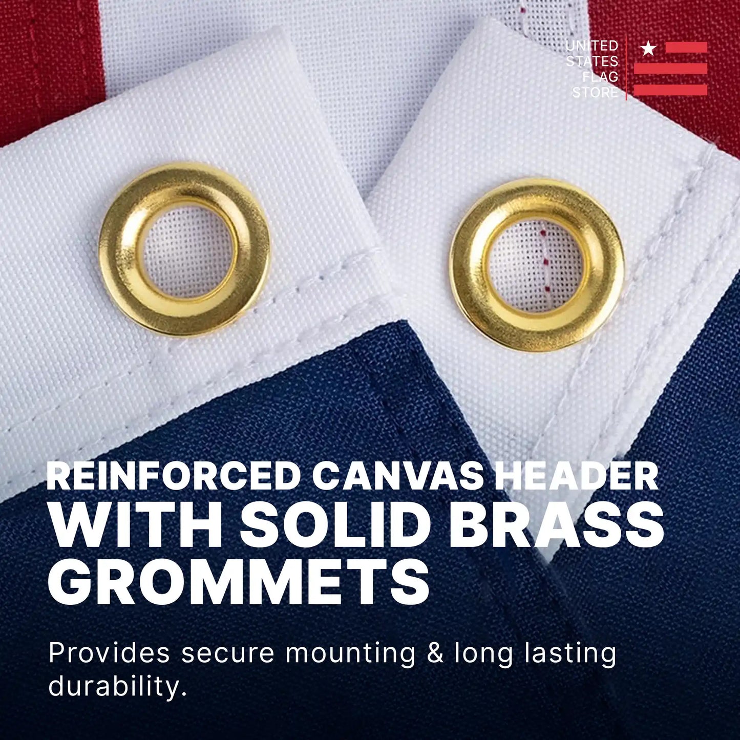  Close-up of a reinforced white canvas header with two solid brass grommets for secure mounting and durability.