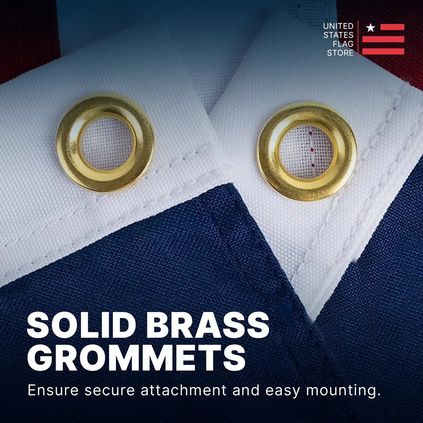 Close-up of two solid brass grommets on white header for secure flag attachment and easy mounting.