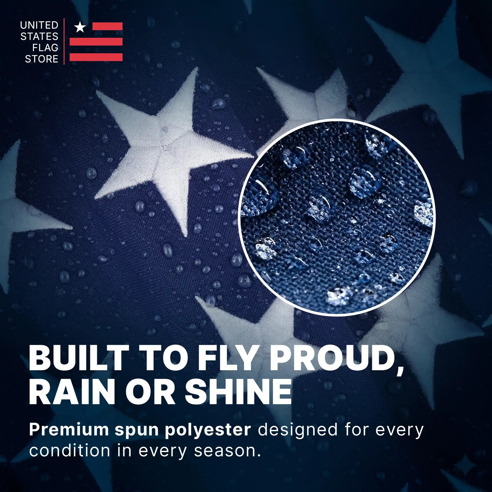 Water droplets beading on a navy blue American flag star field, highlighting premium waterproof spun polyester.