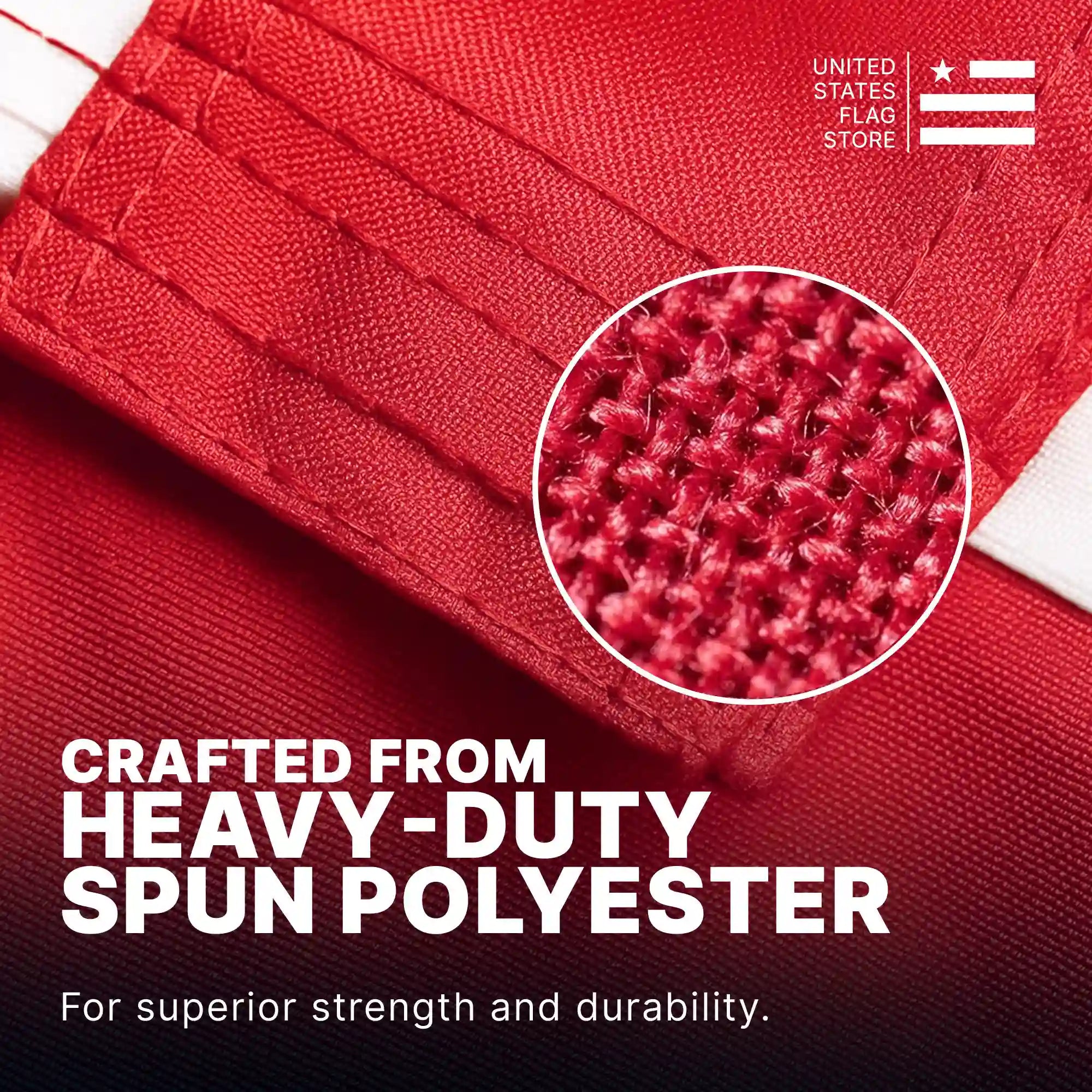 Detail of heavy-duty red spun polyester fabric with four rows of reinforced stitching for maximum durability.