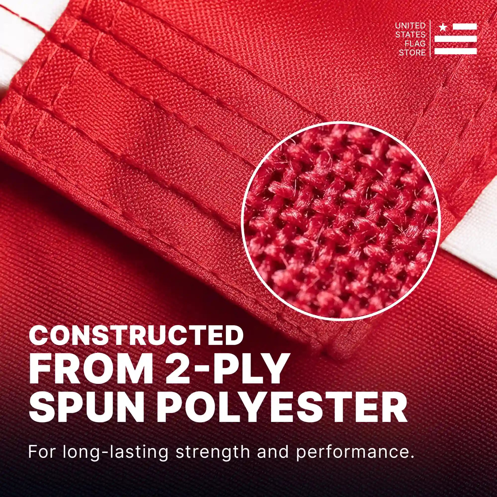 Macro view of 2-ply spun polyester weave on a red stripe of a Valley Forge Koralex II flag for long-lasting strength.