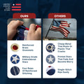 Chart comparing "Ours" vs "Others" features like reinforced brass grommets, embroidered stars, and four rows of stitching.
