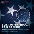 Water droplets on premium spun polyester flag fabric, demonstrating all-weather durability for rain or shine display.