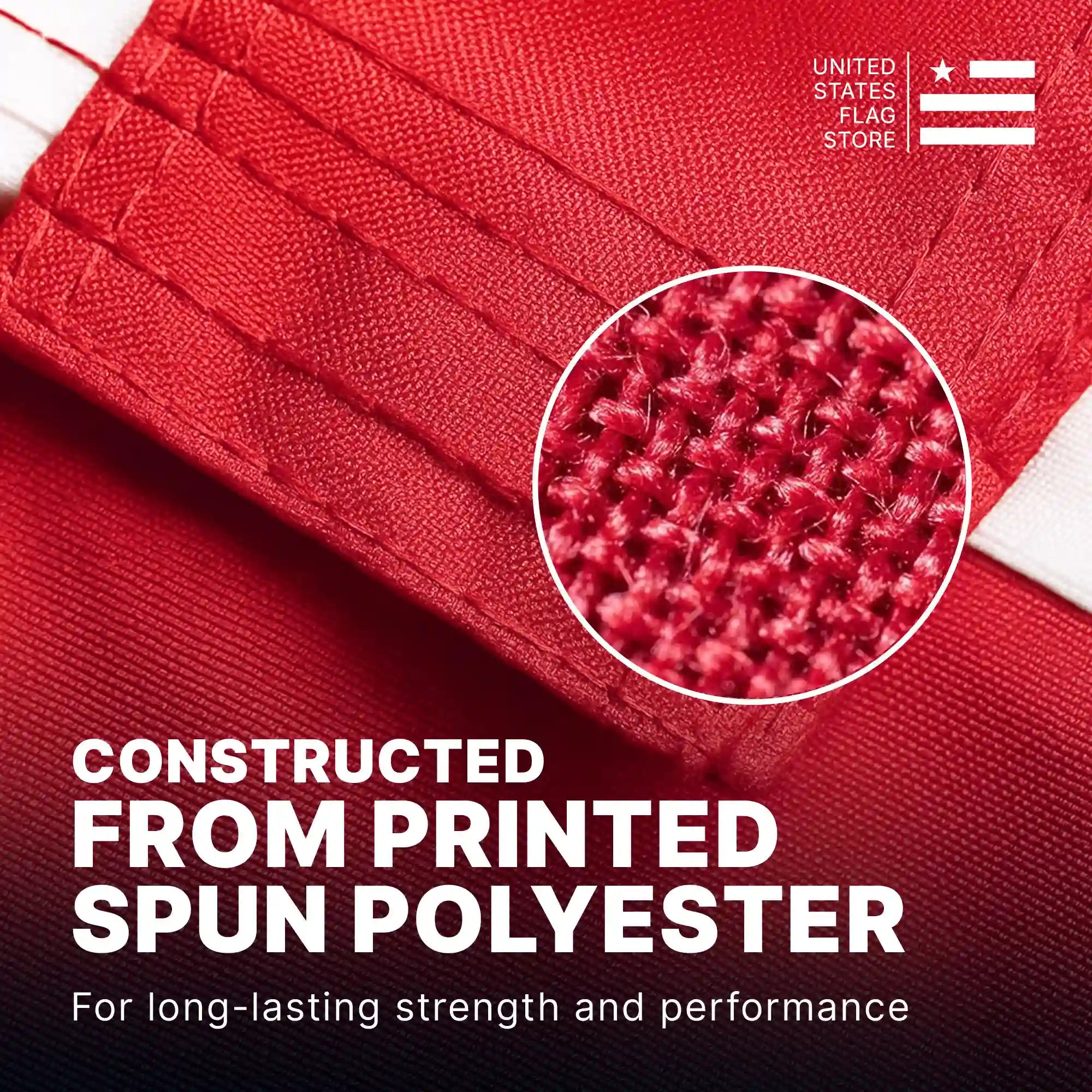 Macro view of red spun polyester fabric showing durable weave and reinforced four-row stitching on the fly end.