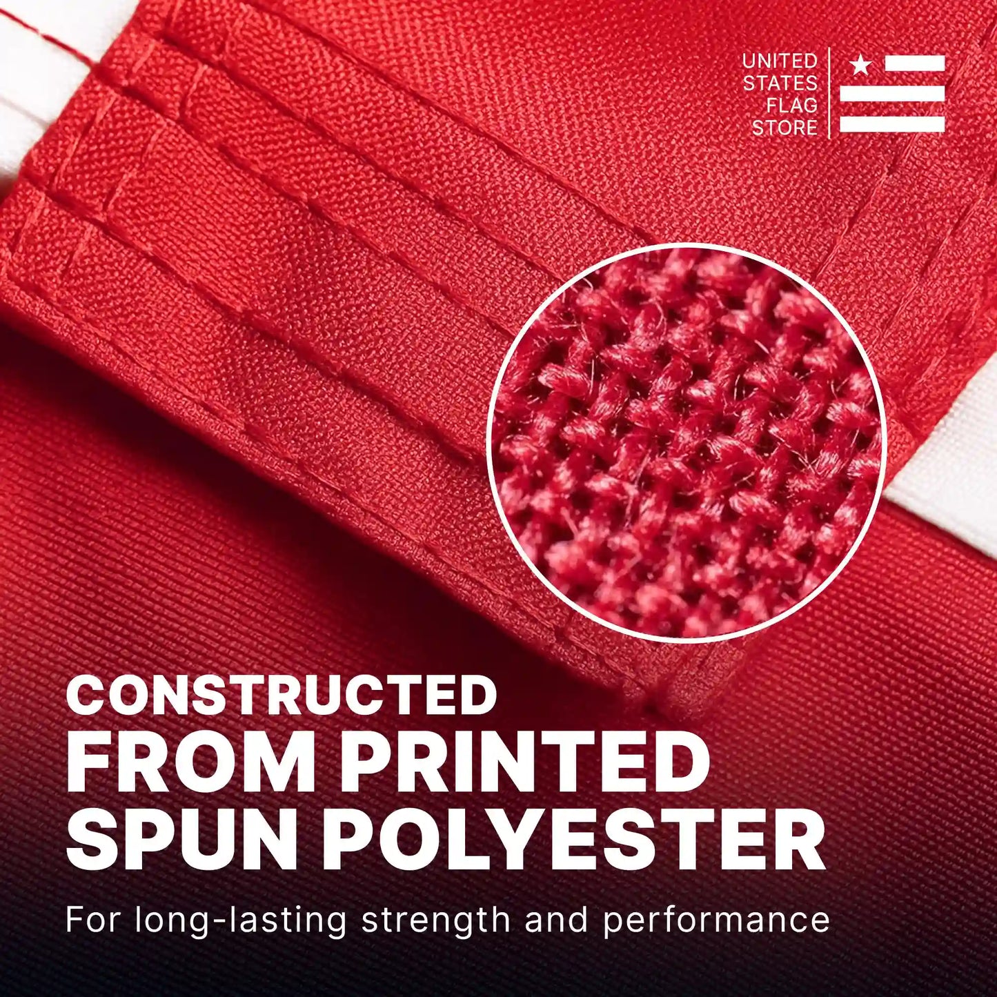 Macro view of red spun polyester fabric showing durable weave and reinforced four-row stitching on the fly end.