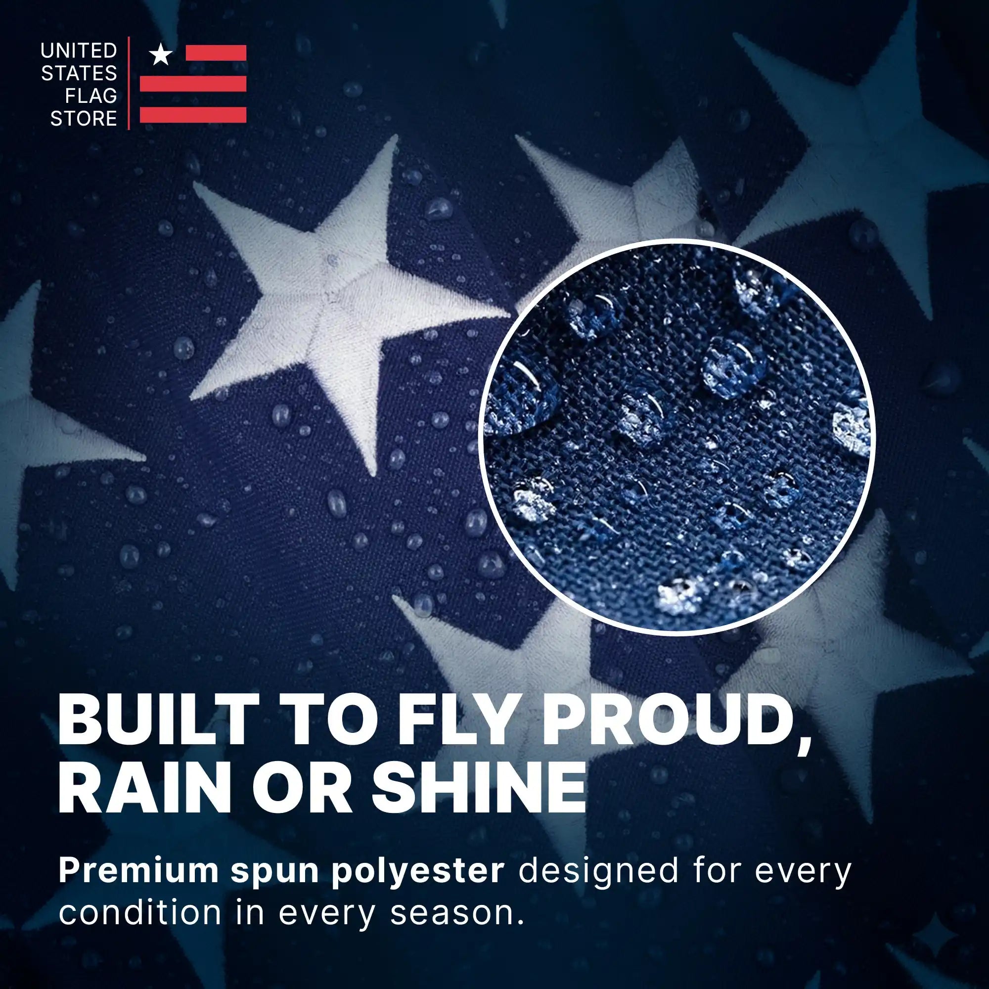 Water droplets on premium spun polyester flag fabric demonstrating rain and shine weather-resistant design.