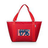 Red tote bag with July 4th design on a white background