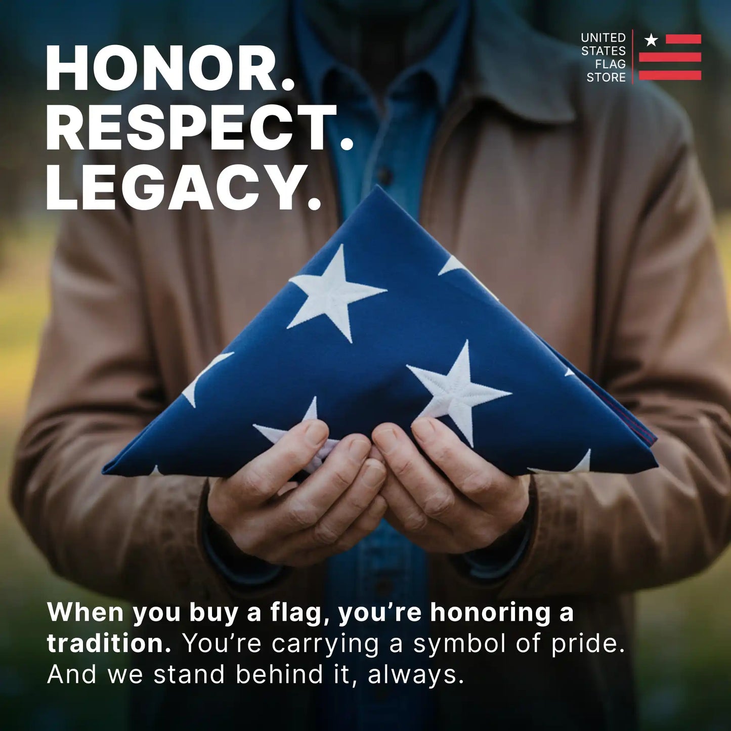 Close-up of a person respectfully holding a folded American flag, representing honor, respect, and legacy.