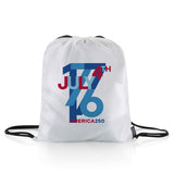 White drawstring bag with July 4th text design on a white background