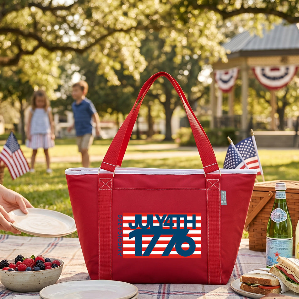 Red cooler bag with 'July 4th 1776' design on a picnic table with people and flags in the background.
