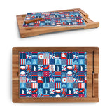 Wooden tray with a blue patterned charcuterie board on a white background