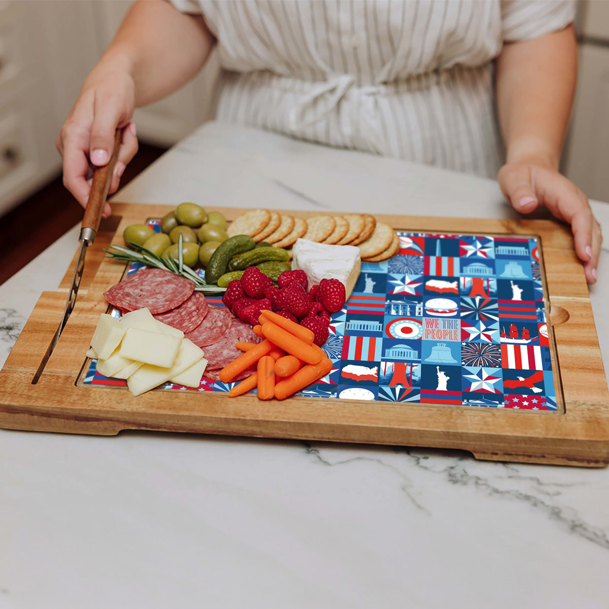 America 250 Charcuterie Board and Knife Set - Glass and Acacia Wood