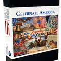 Packaging for a puzzle celebrating America's 250th anniversary with patriotic imagery.