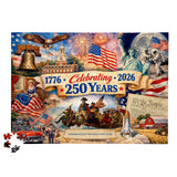 Patriotic puzzle with American-themed elements and text celebrating 250 years.