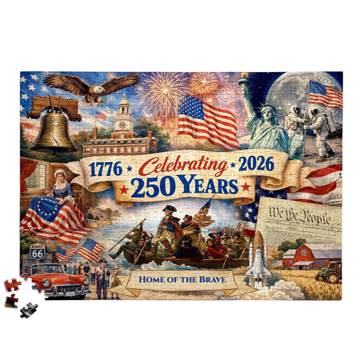 Patriotic puzzle with American-themed elements and text celebrating 250 years.